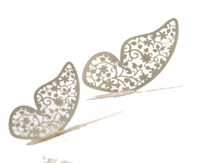 3D metallic silver hollow butterfly wall stickers with intricate floral laser cut patterns