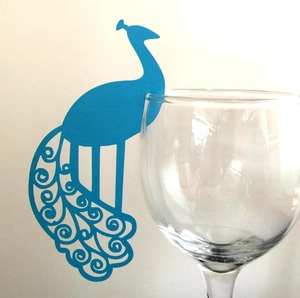 Elegant laser-cut blue peacock place card for wedding glass decoration