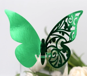 Laser cut green butterfly card for wine glass rim featuring hollow patterns and 3D design