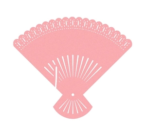 Pale pink laser-cut fan-shaped place cards with intricate hollow patterns for weddings