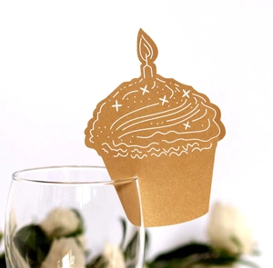 Pearlescent brown cupcake wine glass card with laser-cut candle for wedding table decor