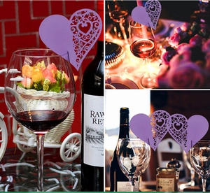 Purple laser cut heart wine glass place cards for wedding tables and festive party decor