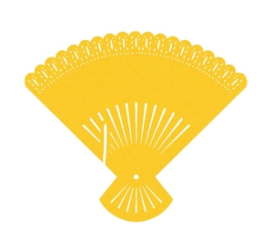 Laser cut yellow fan shaped wedding place card with elegant hollowed pattern details