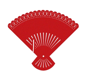 Red fan-shaped laser-cut wedding place cards with intricate hollow patterns on white