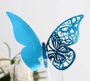 Laser-cut blue butterfly wall stickers and cup cards for elegant wedding decorations