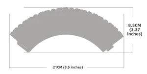 Detailed size chart for pink floral laser-cut cupcake wrappers in inches and cm