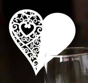 Laser cut heart shaped paper place cards for wine glass decoration in white