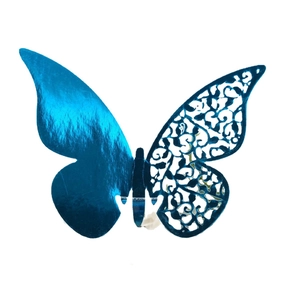 Blue metallic butterfly wall sticker with laser-cut hollow design for party decor