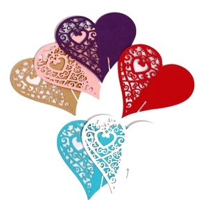 Laser cut heart shaped paper wine glass cards in six colors for festive wedding decor