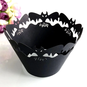 Laser Cut Bat Halloween Cupcake Wrappers Pearl Cardstock Hollow Out Cake Decoration Wraps For Party Dessert Table Accessories
