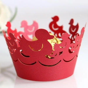 Laser cut red duck hollow cupcake wrapper with reflective golden paper finish