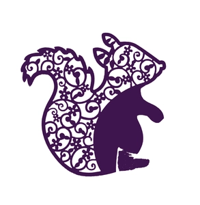 Laser-cut squirrel place card in deep purple with intricate floral hollow pattern