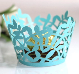 Lake blue laser-cut cupcake wrapper with elegant leaf pattern for wedding decorations