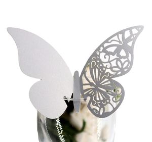 3D laser-cut pearl paper butterfly place card for glass rims with intricate floral pattern