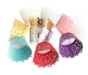 Laser cut lace cupcake liners in multiple colors including gold silver and ivory