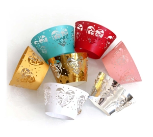 Laser cut heart LOVE cupcake wrappers in seven assorted metallic and matte colors