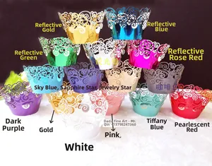 Detailed laser cut lace cupcake wrappers in multiple metallic and pearlescent colors