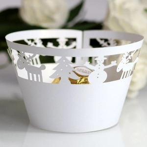 Laser Cut Pearlescent Paper Cupcake Wrappers Hollow Christmas Tree Reindeer Snowman Pattern Cake Decoration For Festive Party Anniversary Event Table Ornament