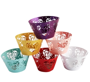 Laser cut heart cupcake wrappers with LOVE design in six assorted vibrant colors
