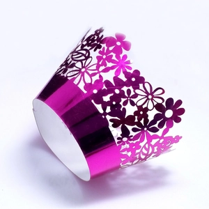 Elegant purple pearlized laser cut cupcake wrappers with hollow floral lace pattern décor