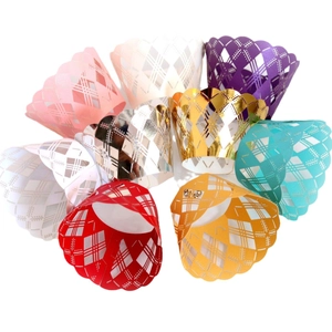 Laser cut hollow geometric cupcake wrappers in assorted pearlescent colors for party