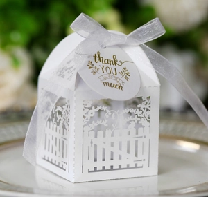 Detailed laser-cut fence pattern gift box with white ribbon and gold thank you tag