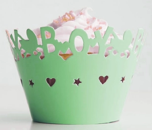 Mint green laser-cut cupcake wrapper with BOY lettering for wedding and baby shower