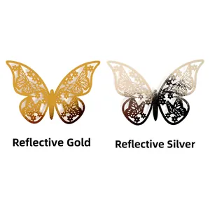 Macro detail of laser-cut 3D butterfly wall stickers in reflective gold and silver
