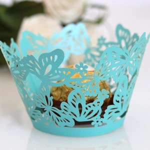 Tiffany blue butterfly hollow lace cupcake wrappers with laser cut floral designs