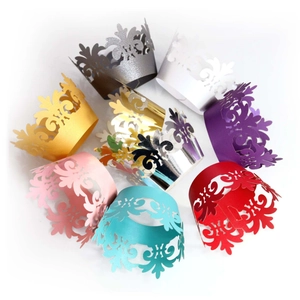 Laser-cut crown cupcake wrappers in gold, silver and multicolor metallic finishes