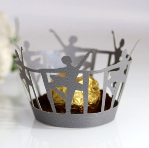 Laser cut ballerina paper cupcake wrappers in silver pearlescent finish for party decor