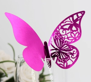 3D laser-cut butterfly cup card in rose pink laser paper for elegant party table decor