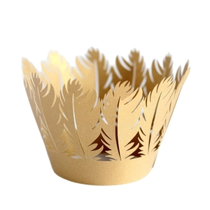 Elegant gold feather laser cut cupcake wrapper with pearl finish for wedding decor