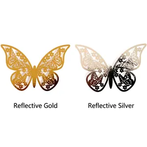 3D hollow butterfly wall stickers in reflective gold and silver for home decoration