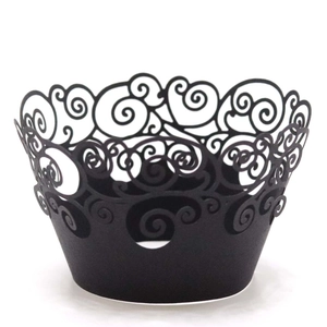 Elegant black laser-cut cupcake wrappers with intricate scroll vine patterns for parties
