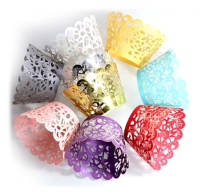 Laser cut lace cupcake wrappers in 8 colors with intricate floral pattern for weddings