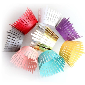 Laser-cut silver hollow fence cupcake wrappers in eight assorted pearlescent colors