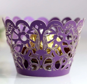 Exquisite purple laser-cut cupcake wrapper with elegant European lace pattern for parties