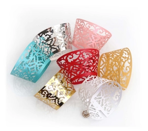 Lace hollow cupcake wrappers set in seven colors with intricate vine floral patterns