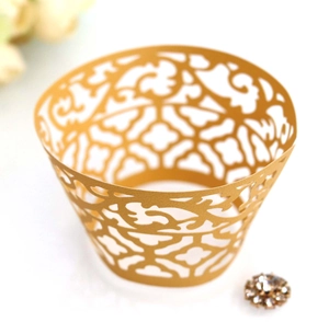 Golden laser-cut hollow lace cupcake wrappers for elegant wedding party table decoration
