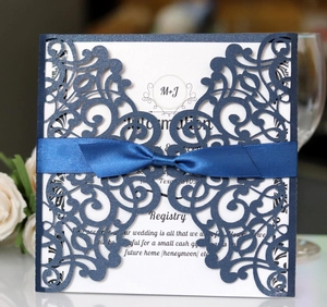 Laser Cut Wedding Invitation Cards Elegant Hollow Floral Design Ribbon Bow Artificial Pearl Paper Invitations For Engagement Party