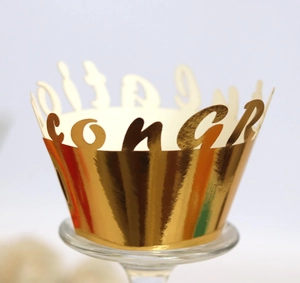Laser Cut Artificial Pearl Paper Cupcake Wrappers Congratulations Hollow Out Cake Liners Wedding Birthday Party Celebration Decor