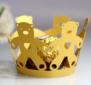 Laser cut gold bear cupcake wrappers with heart hollow design for wedding party decor
