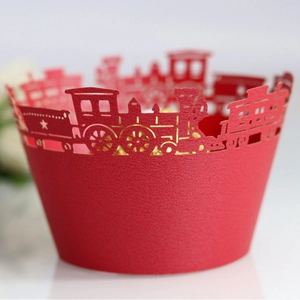Laser-cut red train cupcake wrappers with hollow decorative train pattern for party cake decor