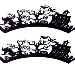 Halloween black laser-cut cupcake wrappers with witch pumpkin and castle silhouettes