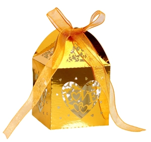 Golden laser-cut LOVE heart wedding candy box with elegant ribbon bow for favors