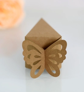 Detail of laser-cut butterfly design on a triangular kraft paper wedding favor box