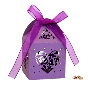 Purple laser cut LOVE hollow heart gift box with elegant ribbon for wedding favors