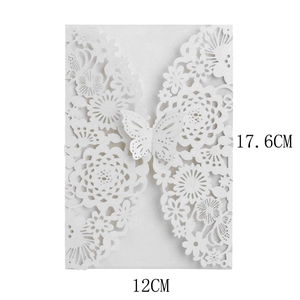 Laser cut butterfly and floral wedding invitation card in white paper, 17.6cm x 12cm