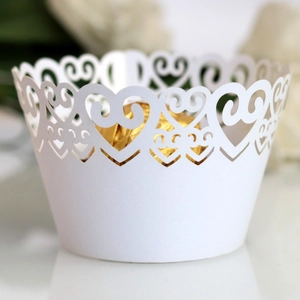 Laser cut white heart lace cupcake wrapper with elegant hollow pattern for wedding decor
